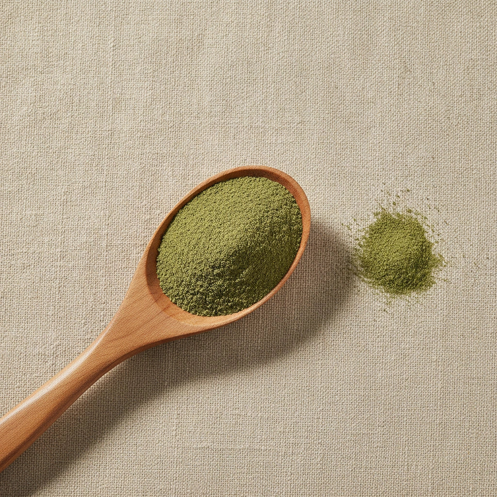 Uva Ursi Powder (Arctostaphylos Uva Ursi) | Create a luxurious, photorealistic product photograph featuring the original product naturally arranged in an elegant handcrafted wooden spoon on a soft, finely