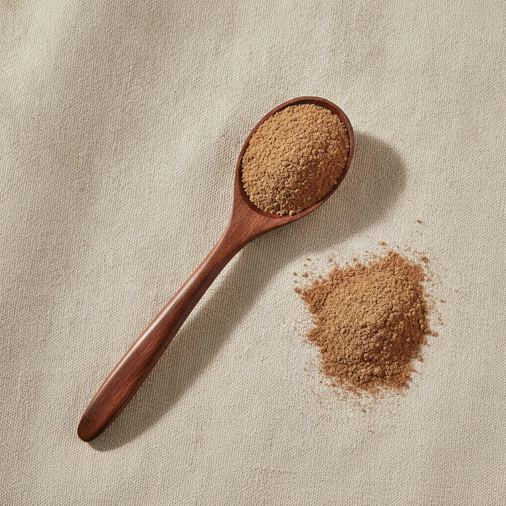 Valerian Root Powder (Valeriana Officinalis) | Create a luxurious, photorealistic product photograph featuring the original product naturally arranged in an elegant handcrafted wooden spoon on a soft, finely