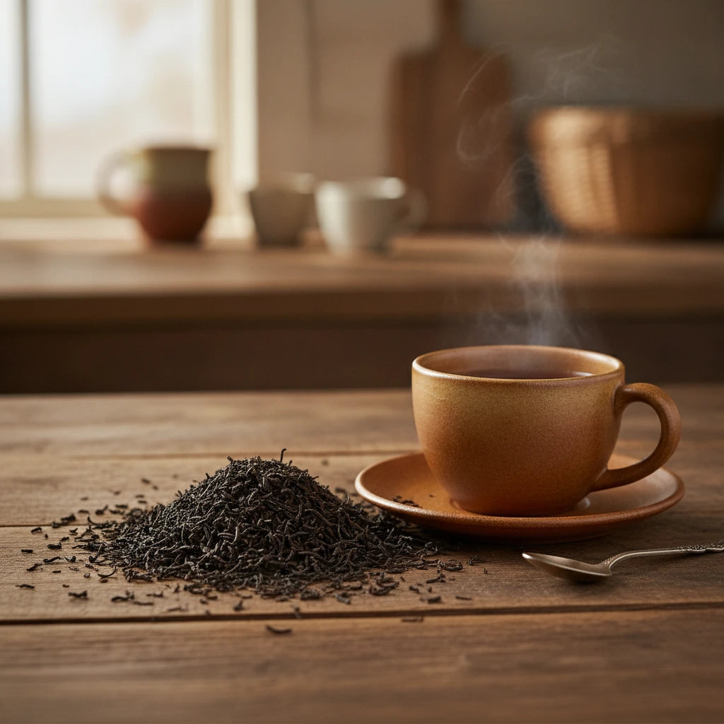 Vanilla Black Tea (Camellia Sinensis) | Can you show this tea outside of the bag and bowl, on a table next to a hot tea cup in a rustic home.