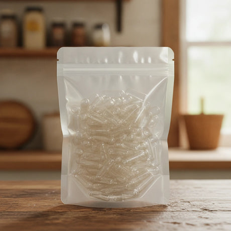 Vegetarian / Vegan Empty Capsules - Size 00 | The herb/berry/powder/fruit/root/bark that is in the black bowl, i would like it to shown in a plastic stand up resalable pouch that is clear.