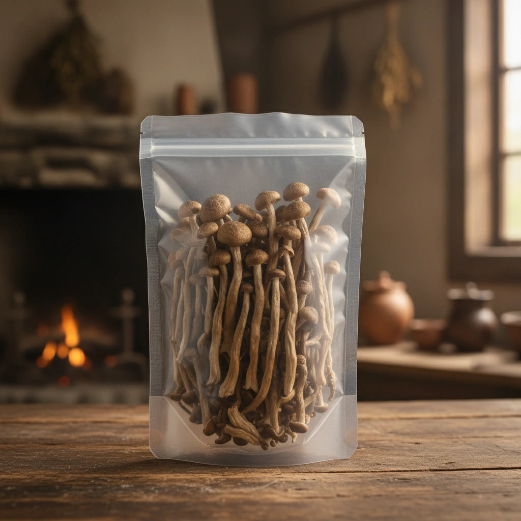 Velvet Antler Mushroom Whole (Flammulina Velutipes) | The herb/berry/powder/fruit/root/bark that is in the black bowl, i would like it to shown in a plastic stand up resalable pouch that is clear.