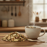 Weight Loss Herbal Tea | Can you show this tea outside of the bag and bowl, on a table next to a hot tea cup in a rustic home.