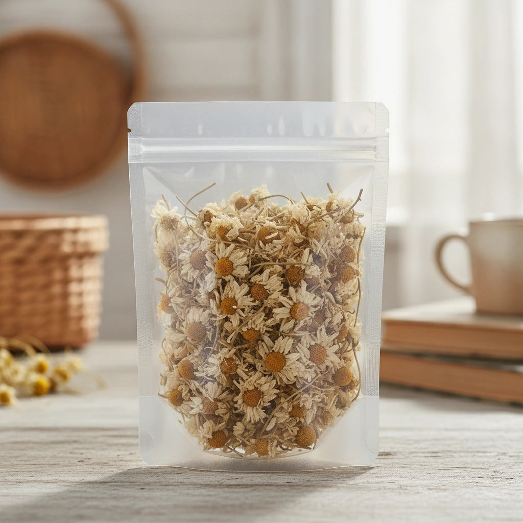 White Chrysanthemum Flowers Whole (Chrysanthemum Morifolium) | The herb/berry/powder/fruit/root/bark that is in the black bowl, i would like it to shown in a plastic stand up resalable pouch that is clear.