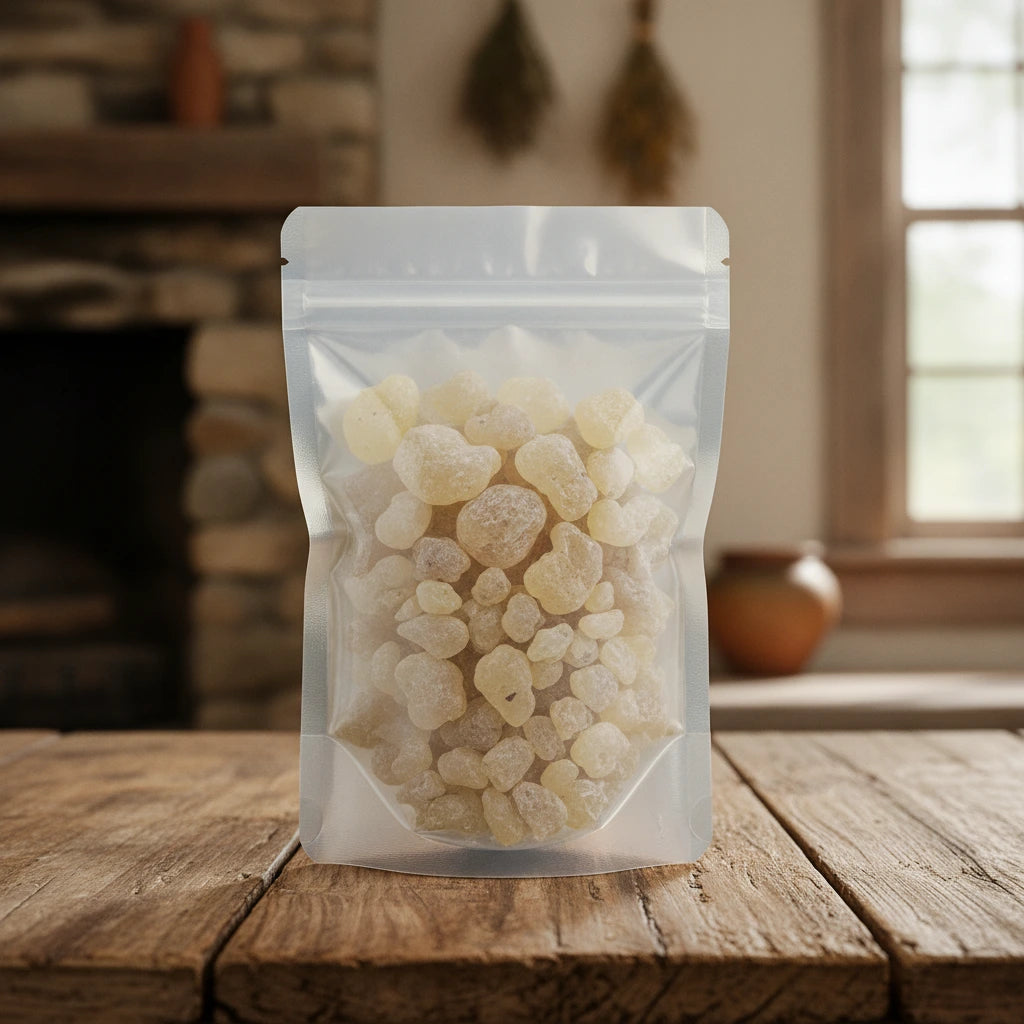 White Copal Resin Pieces (Bursera Bipinnata) | The herb/berry/powder/fruit/root/bark that is in the black bowl, i would like it to shown in a plastic stand up resalable pouch that is clear.