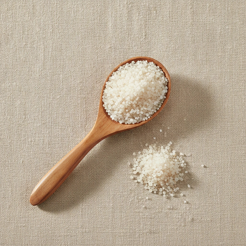 White Copal Resin Powder (Bursera Bipinnata) | Create a luxurious, photorealistic product photograph featuring the original product naturally arranged in an elegant handcrafted wooden spoon on a soft, finely