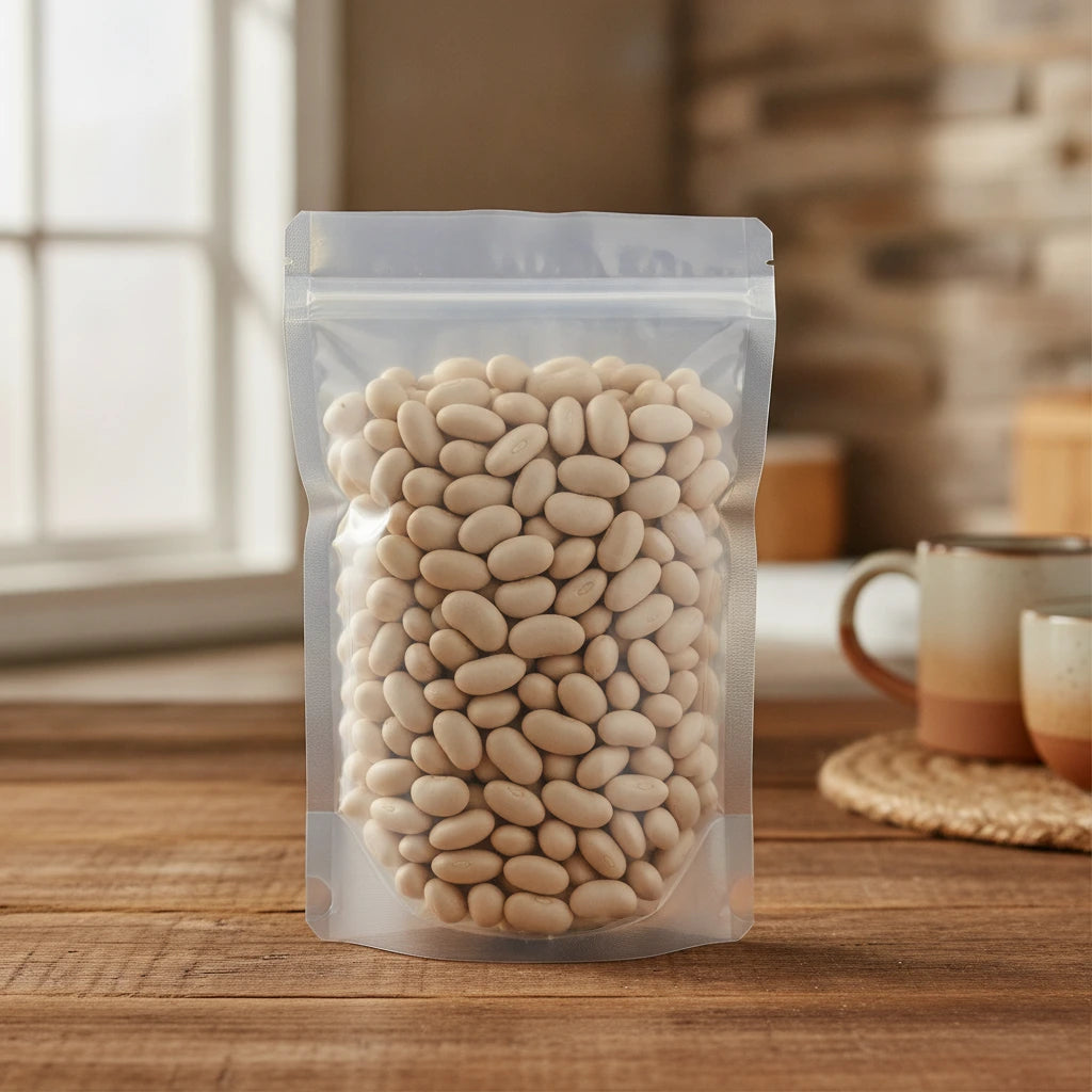 White Hyacinth Bean Whole (Lablab Purpureus) | The herb/berry/powder/fruit/root/bark/seeds that is in the black bowl, i would like it to shown in a plastic stand up resalable pouch that is clear.