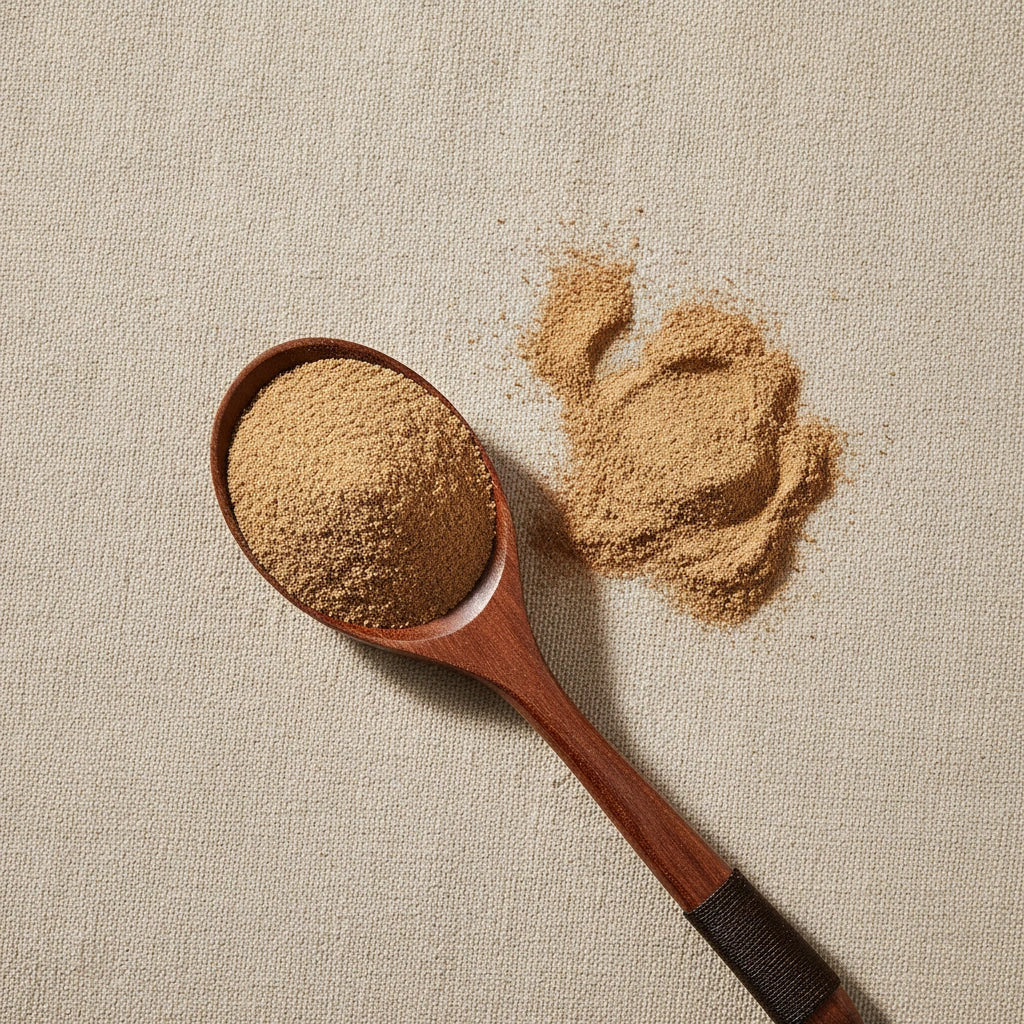White Oak Bark Powder (Quercus Alba) | Create a luxurious, photorealistic product photograph featuring the original product naturally arranged in an elegant handcrafted wooden spoon on a soft, finely