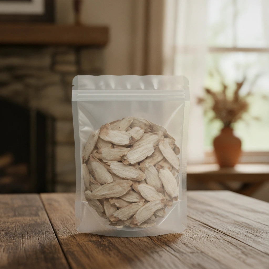 White Peony Root Pieces (Paeonia Lactiflora) | The herb/berry/powder/fruit/root/bark that is in the black bowl, i would like it to shown in a plastic stand up resalable pouch that is clear.