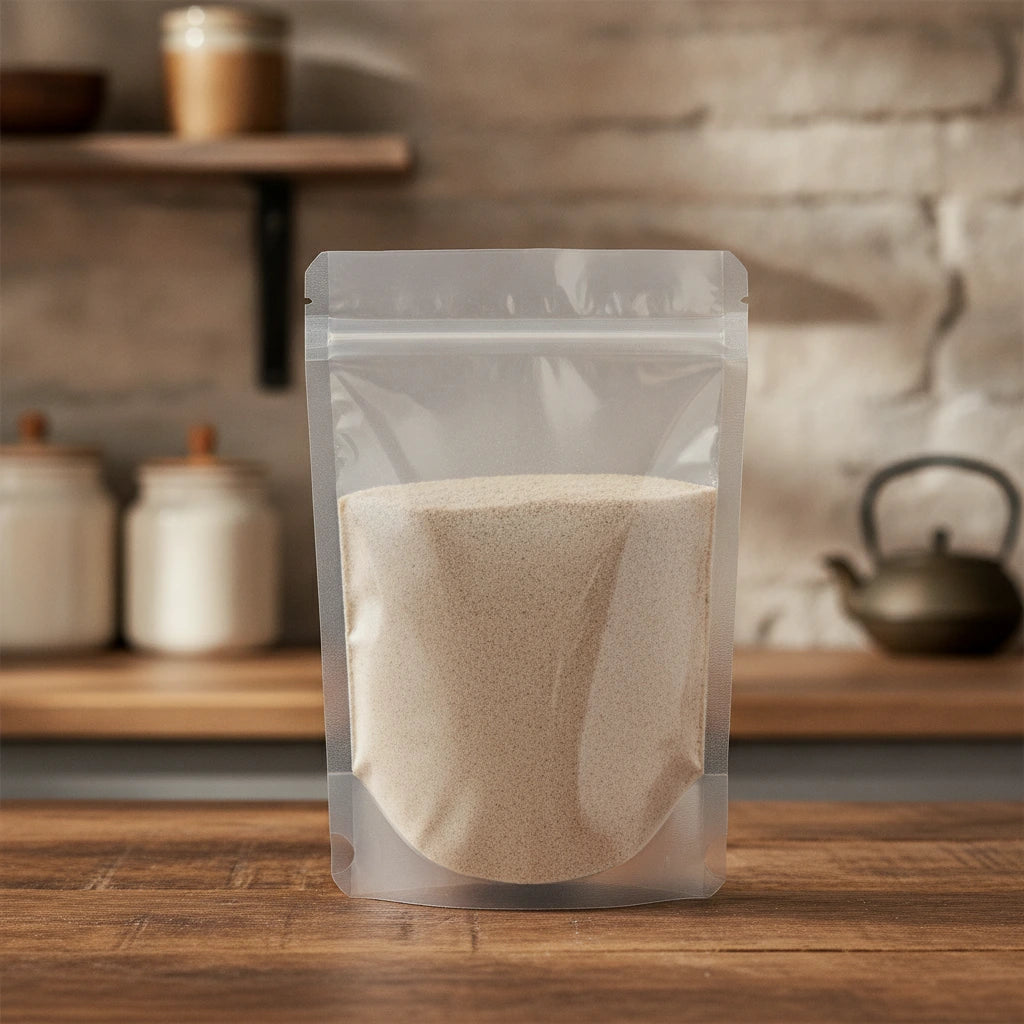 White Pepper Powder (Piper Nigrum) | The herb/berry/powder/fruit/root/bark that is in the black bowl, i would like it to shown in a plastic stand up resalable pouch that is clear.