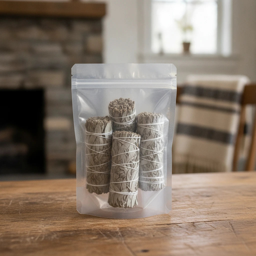 White Sage Smudge Stick 4" (Salvia Apiana) | The herb/berry/powder/fruit/root/bark that is in the black bowl, i would like it to shown in a plastic stand up resalable pouch that is CLEAR on both sides and