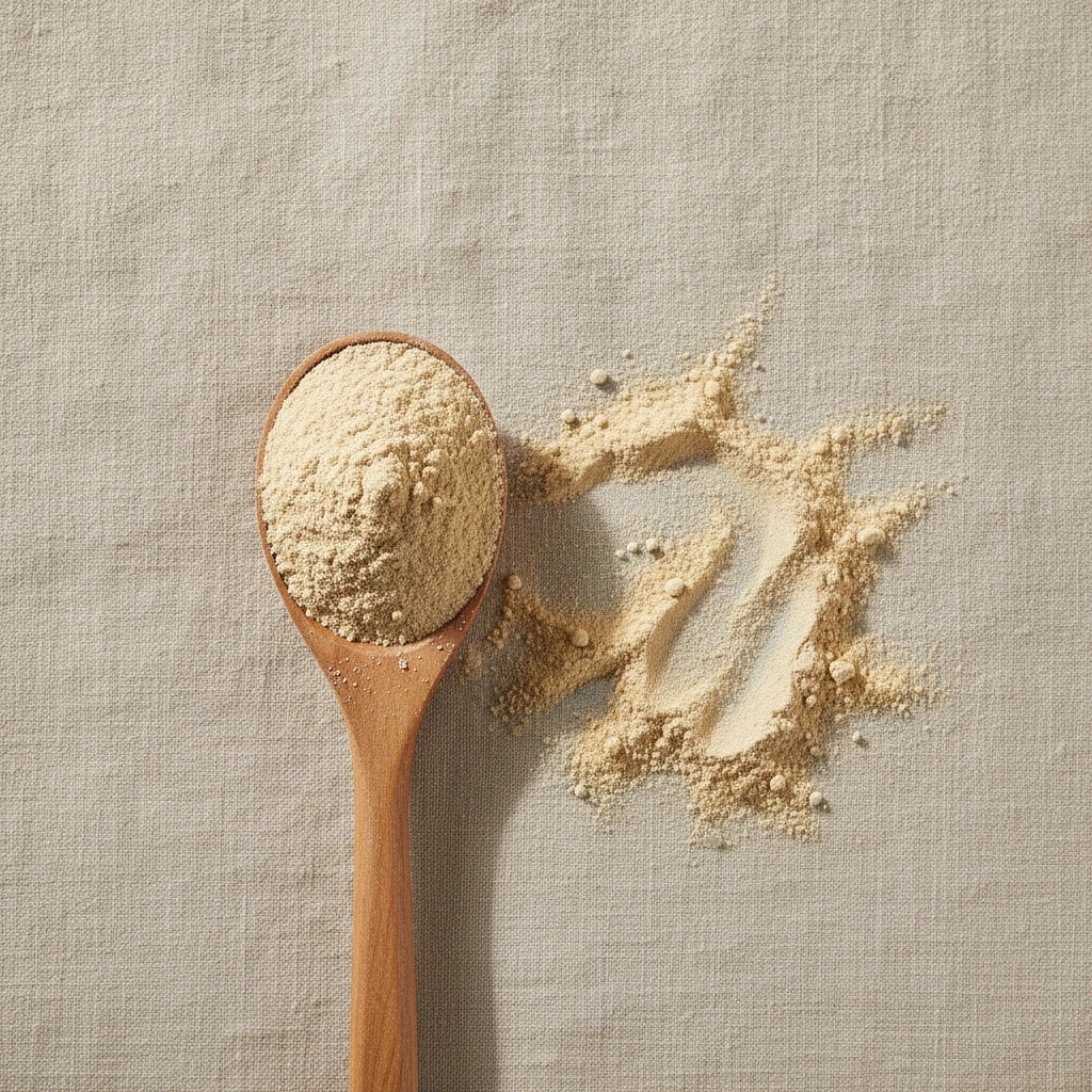 White Turmeric Powder (Curcuma Wenyujin) | Create a luxurious, photorealistic product photograph featuring the original product naturally arranged in an elegant handcrafted wooden spoon on a soft, finely