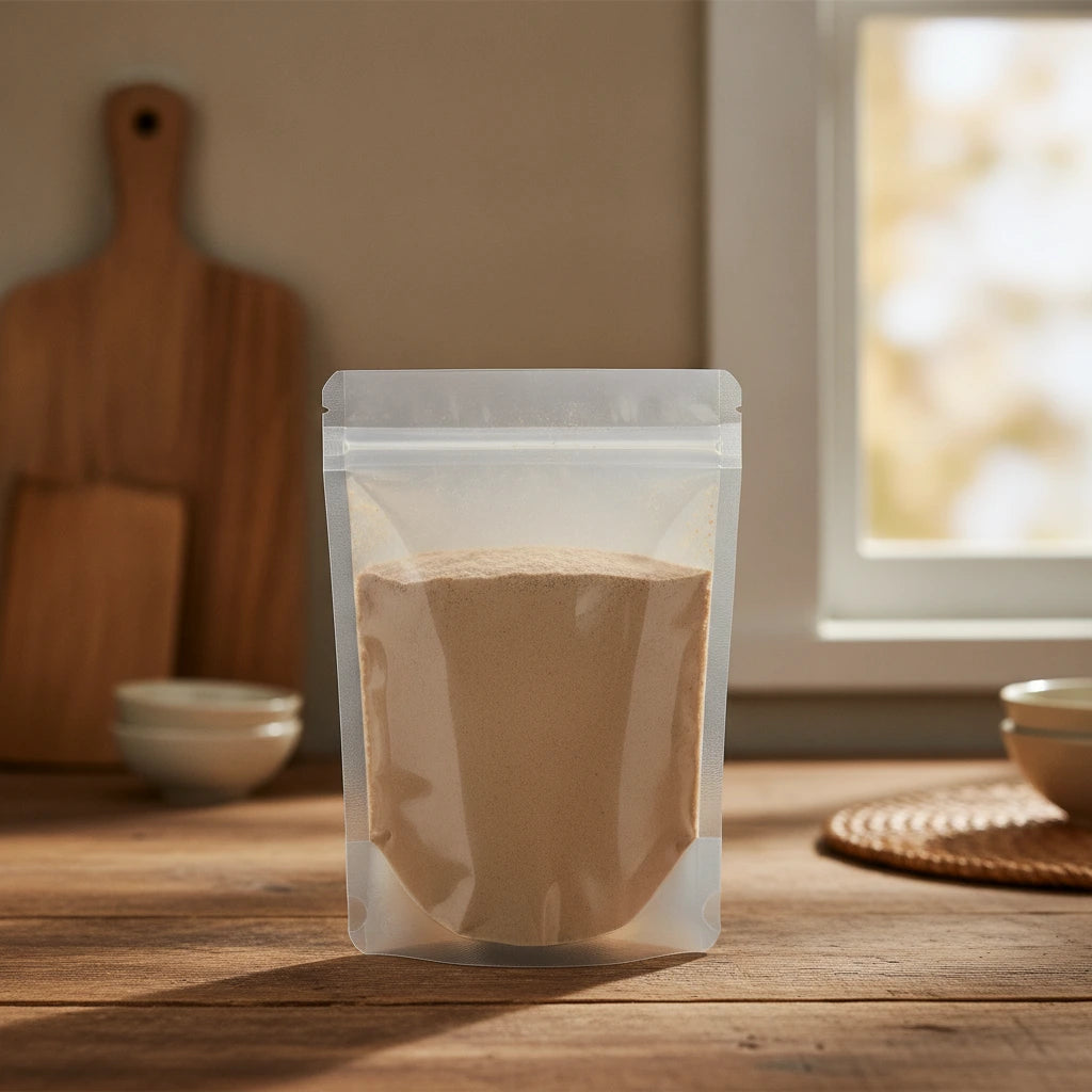 White Willow Bark Powder (Salix Alba) | The herb/berry/powder/fruit/root/bark that is in the black bowl, i would like it to shown in a plastic stand up resalable pouch that is clear.