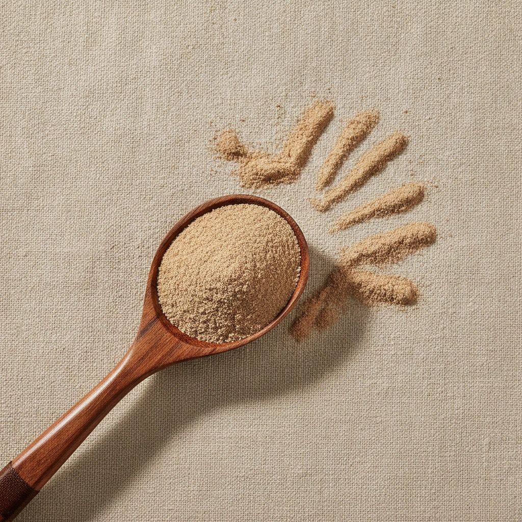 White Willow Bark Powder (Salix Alba) | Create a luxurious, photorealistic product photograph featuring the original product naturally arranged in an elegant handcrafted wooden spoon on a soft, finely