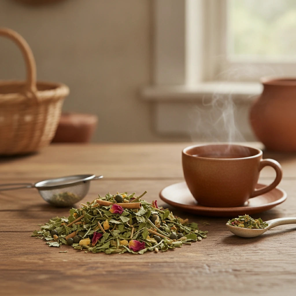 Wiccan Herbal Tea | Can you show this tea outside of the bag and bowl, on a table next to a hot tea cup in a rustic home.
