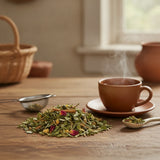 Wiccan Herbal Tea | Can you show this tea outside of the bag and bowl, on a table next to a hot tea cup in a rustic home.