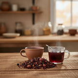Wild Berry Herbal Tea | Can you show this tea outside of the bag and bowl, on a table next to a hot tea cup in a rustic home.