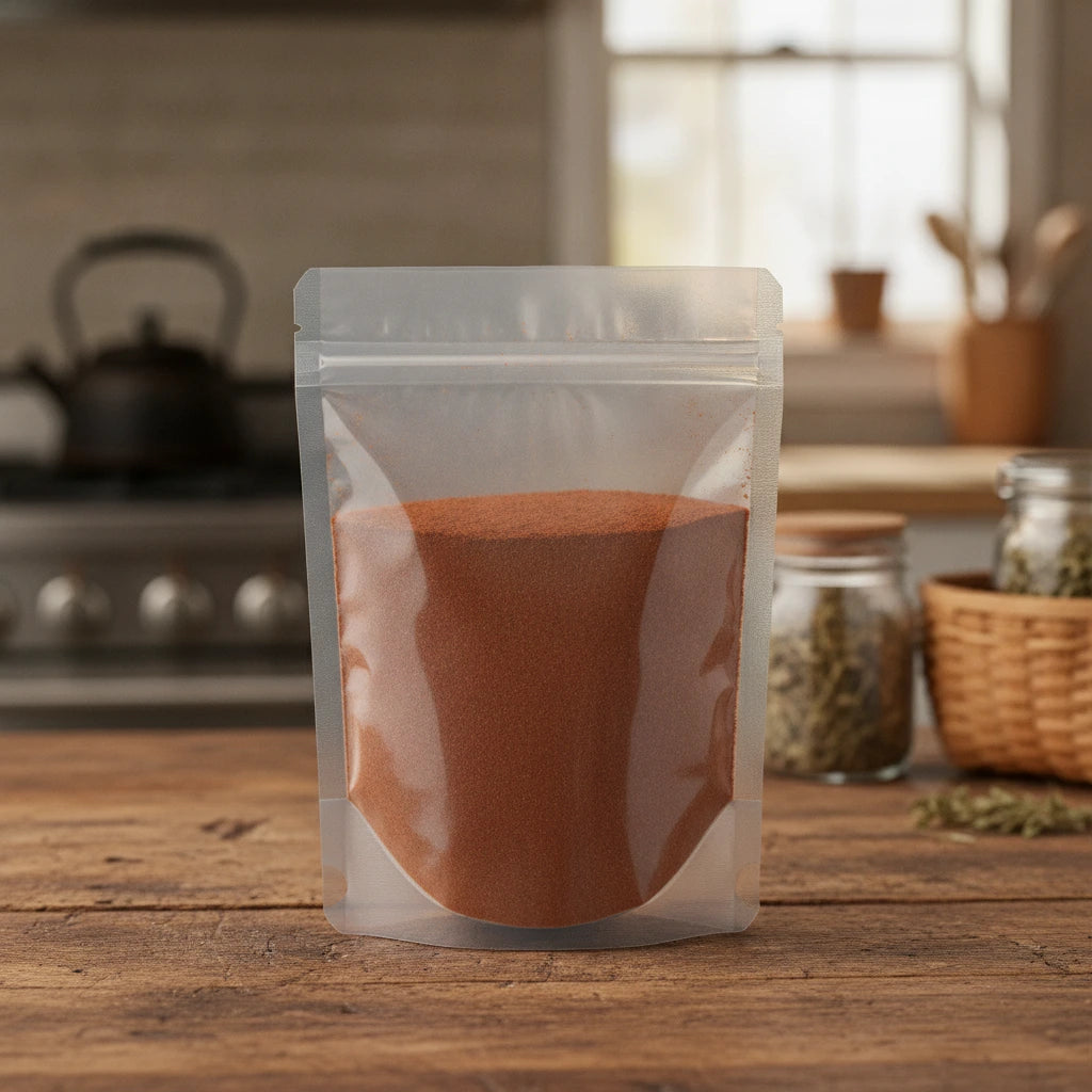 Wild Cherry Bark Powder (Prunus Serotina) | The herb/berry/powder/fruit/root/bark that is in the black bowl, i would like it to shown in a plastic stand up resalable pouch that is clear.