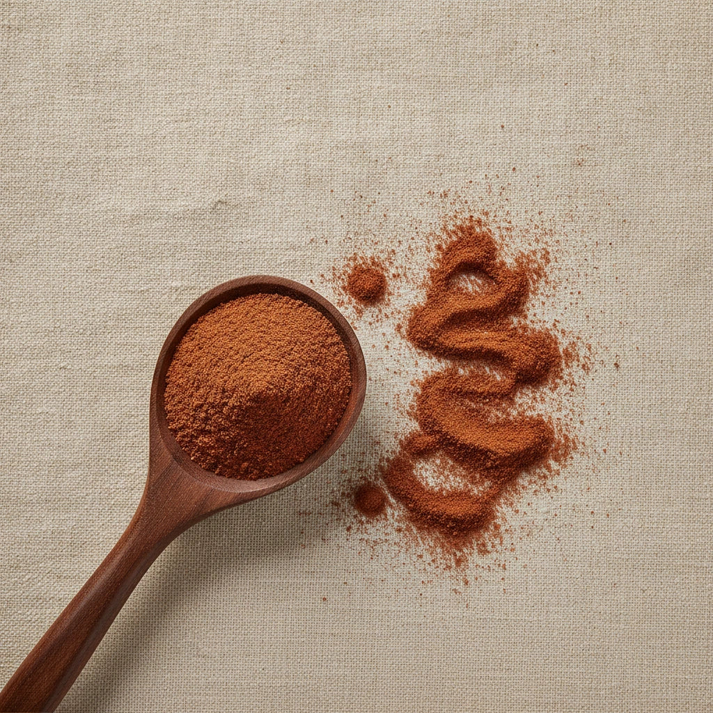 Wild Cherry Bark Powder (Prunus Serotina) | Create a luxurious, photorealistic product photograph featuring the original product naturally arranged in an elegant handcrafted wooden spoon on a soft, finely