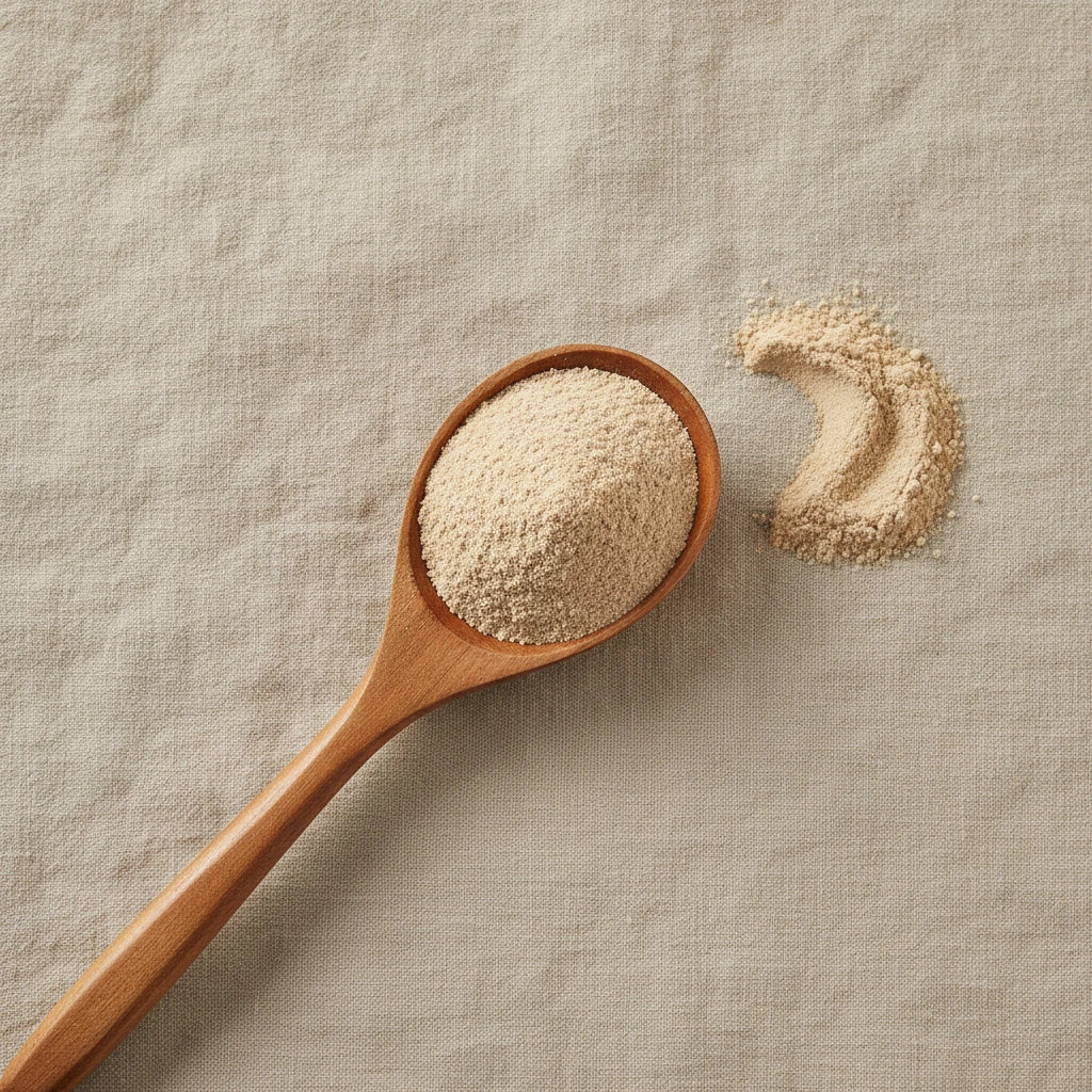 Wild Yam Root Powder (Dioscorea Villosa) | Create a luxurious, photorealistic product photograph featuring the original product naturally arranged in an elegant handcrafted wooden spoon on a soft, finely