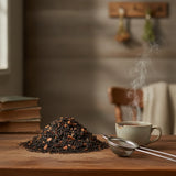 Winter Blend Black Tea (Camellia Sinensis) | Can you show this tea outside of the bag and bowl, on a table next to a hot tea cup in a rustic home.