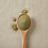 Witch Hazel Leaf Powder (Hamamelis Virginiana) | Create a luxurious, photorealistic product photograph featuring the original product naturally arranged in an elegant handcrafted wooden spoon on a soft, finely