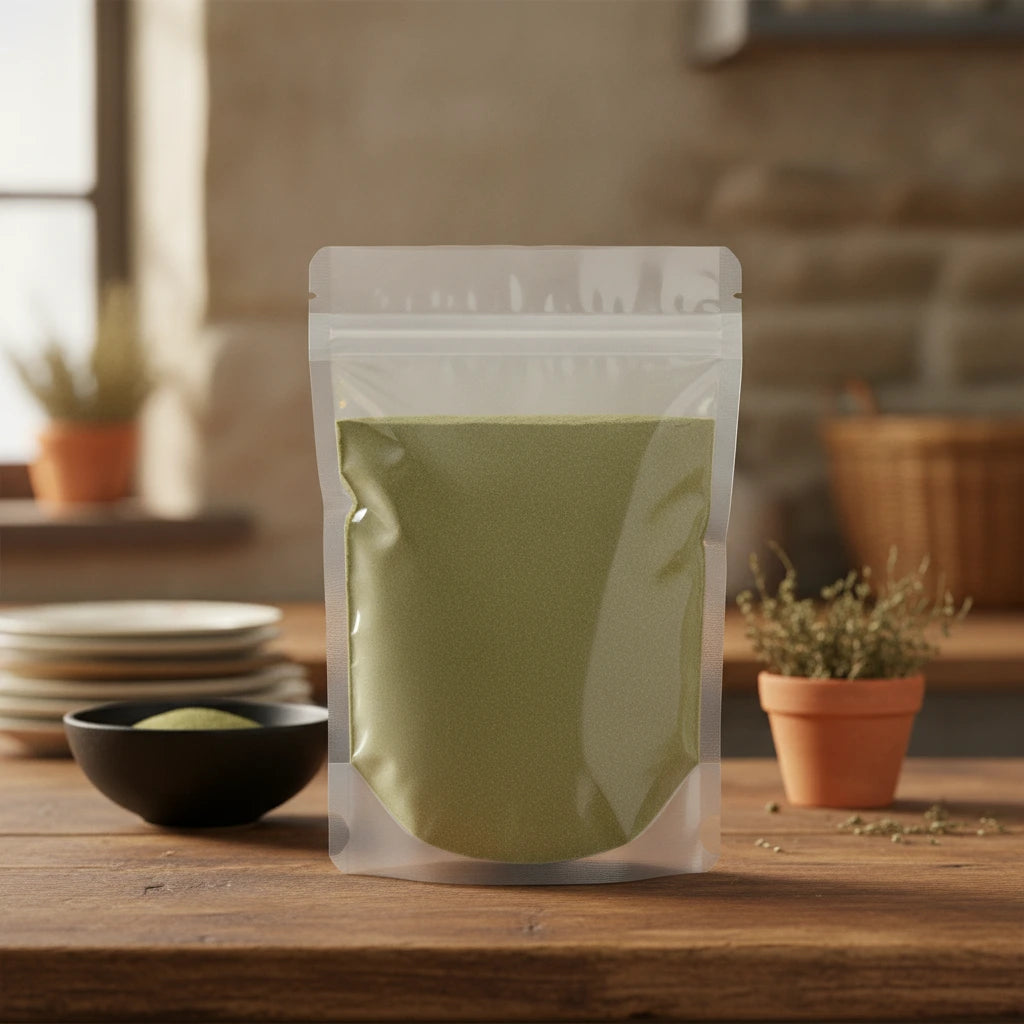 Wormwood Herb Powder (Artemisia Absinthium) | The herb/berry/powder/fruit/root/bark that is in the black bowl, i would like it to shown in a plastic stand up resalable pouch that is clear.