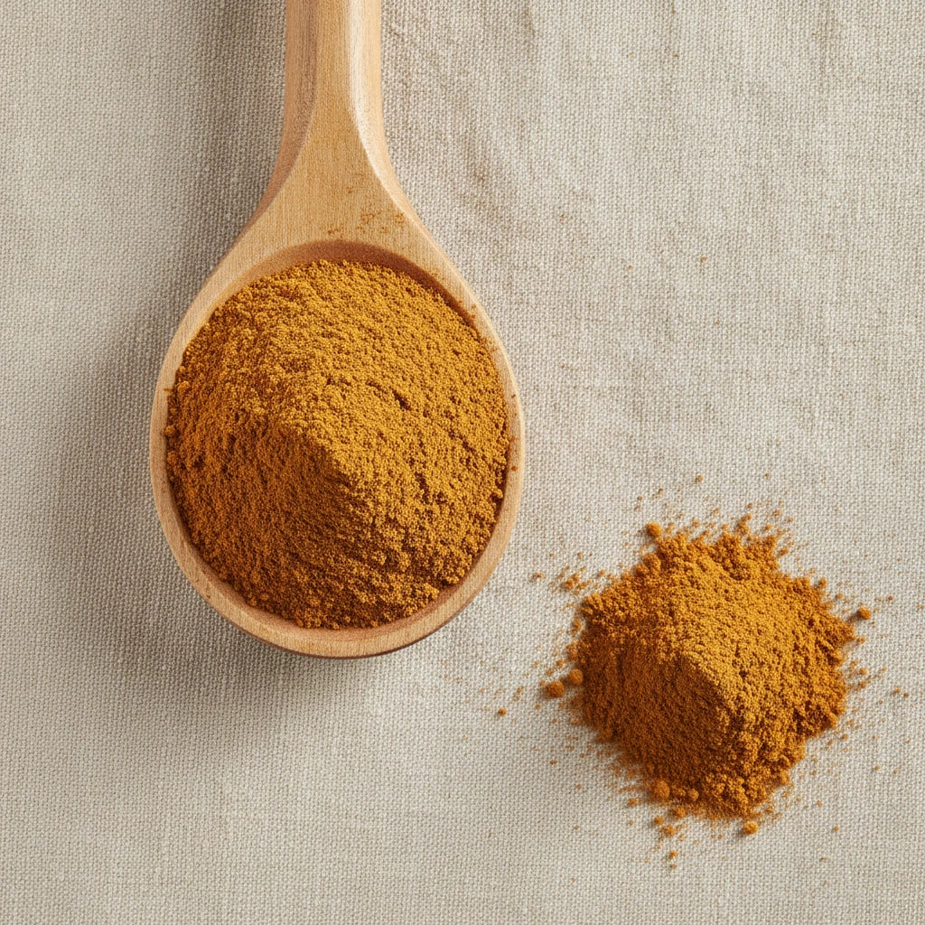 Yellow Dock Root Powder (Rumex Crispus) | Create a luxurious, photorealistic product photograph featuring the original product naturally arranged in an elegant handcrafted wooden spoon on a soft, finely