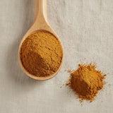 Yellow Dock Root Powder (Rumex Crispus) | Create a luxurious, photorealistic product photograph featuring the original product naturally arranged in an elegant handcrafted wooden spoon on a soft, finely