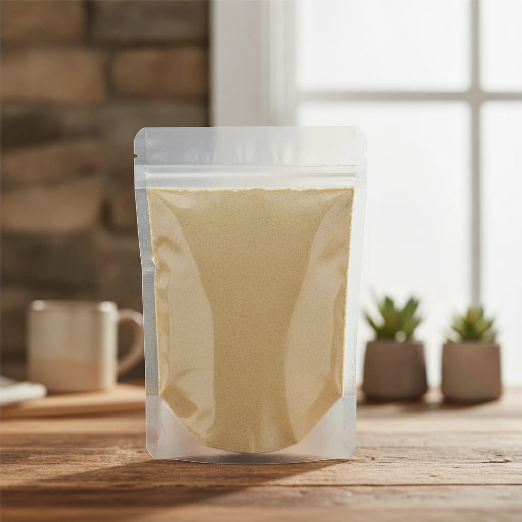 Yellow Mustard Seed Powder (Sinapis Alba) | The herb/berry/powder/fruit/root/bark that is in the black bowl, i would like it to shown in a plastic stand up resalable pouch that is clear.