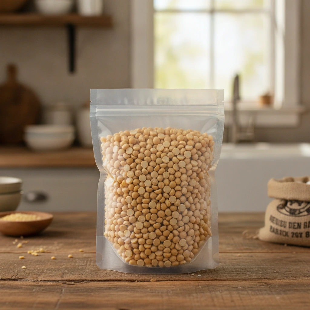 Yellow Split Peas Whole (Pisum Sativum) | The herb/berry/powder/fruit/root/bark that is in the black bowl, i would like it to shown in a plastic stand up resalable pouch that is clear.