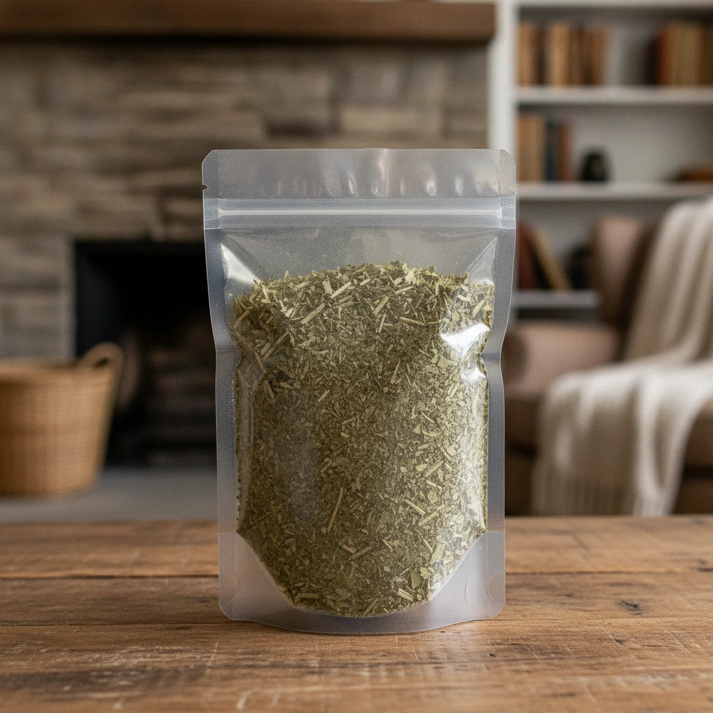 Yerba Mate Leaf Cut (Ilex Paraguariensis) | The herb/berry/powder/fruit/root/bark that is in the black bowl, i would like it to shown in a plastic stand up resalable pouch that is clear.