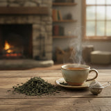 Yun Wu Cloud Mist Green Tea (Camellia Sinensis) | Can you show this tea outside of the bag and bowl, on a table next to a hot tea cup in a rustic home.