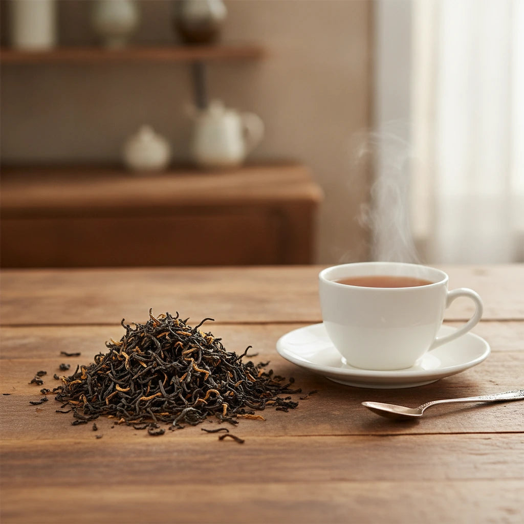Yunnan Tea (Camellia Sinensis) | Can you show this tea outside of the bag and bowl, on a table next to a hot tea cup in a rustic home.