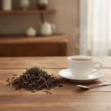 Yunnan Tea (Camellia Sinensis) | Can you show this tea outside of the bag and bowl, on a table next to a hot tea cup in a rustic home.