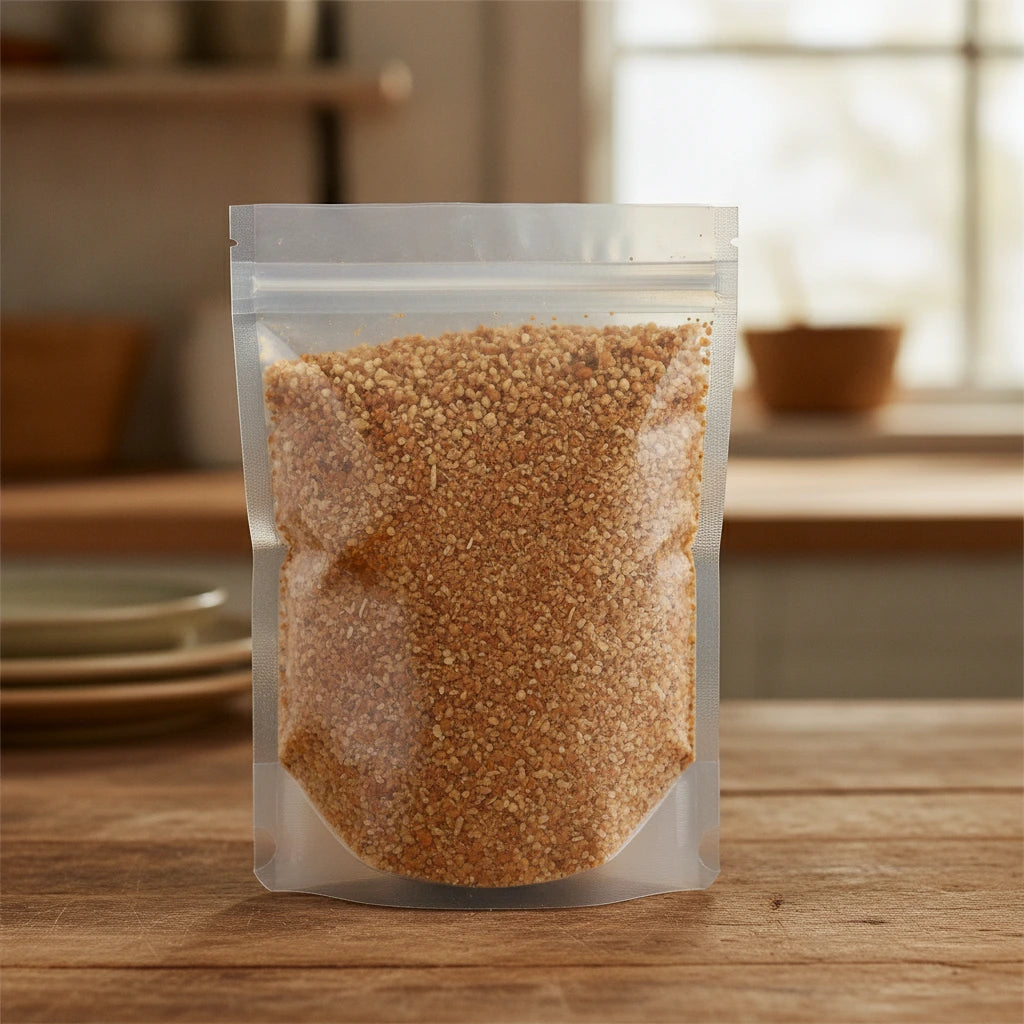 Zesty Spice Seasoning Blend (Salt Free) | The herb/berry/powder/fruit/root/bark that is in the black bowl, i would like it to shown in a plastic stand up resalable pouch that is clear.